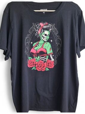 torrid Black Graphic Skull Pinup Tee with Red Roses